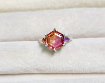 Ametrine  citrine amethyst Hexagon Ring: 925 Sterling Silver ring, Citrine Amethyst Accent ring, ametrine citrine amethyst handmade ring