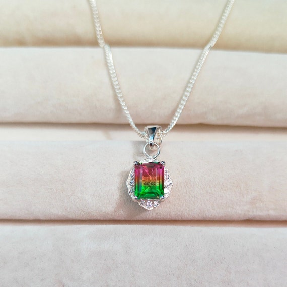 Amazon.com: Solid 14K White Gold Genuine Large Baguette Watermelon  Tourmaline Gemstone Necklace Certified Jewelry : Handmade Products