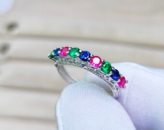 Ruby Emerald Sapphire Band Ring: Sterling Silver Wedding Band ring, eternity band ring, sapphire emerald Ruby handmade ring