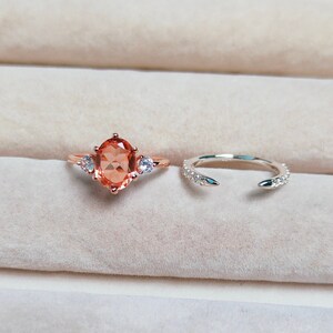 peach sapphire ring with band,925 Sterling Silver ring,Peach sapphire oval cut ring, Sapphire engagement ring, lab grown peach sapphire ring