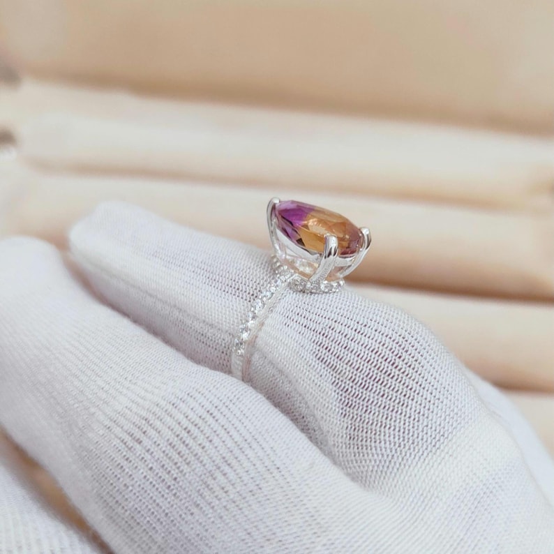 Natural Ametrine Ring: 925 Sterling Silver Engagement Ring, ametrine handmade ring, Bi colour ametrine pear ring image 9