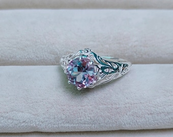 Alexandrite Ring: 925 sterling silver ring, Round cut Lab grown alexandrite handmade ring, colour change alexandrite engagement ring