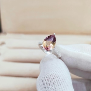 Natural Ametrine Ring: 925 Sterling Silver Engagement Ring, ametrine handmade ring, Bi colour ametrine pear ring image 3
