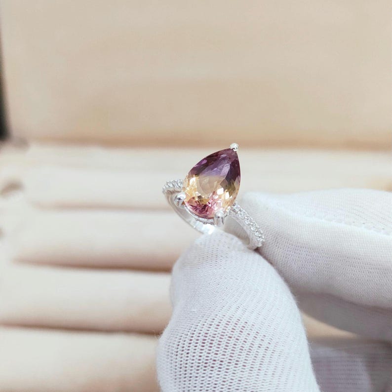 Natural Ametrine Ring: 925 Sterling Silver Engagement Ring, ametrine handmade ring, Bi colour ametrine pear ring image 3