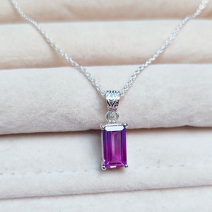 Purple sapphire pendant, purple sapphire necklace, Baguette sapphire hand made pendant,925 sterling silver necklacelab grown purple sapphire