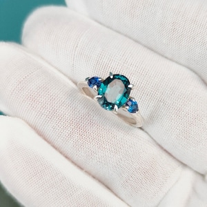 Teal sapphire and Blue sapphire ring, 925 Sterling Silver ring, teal and blue Sapphire engagement ring, lab grown sapphire hand made ring