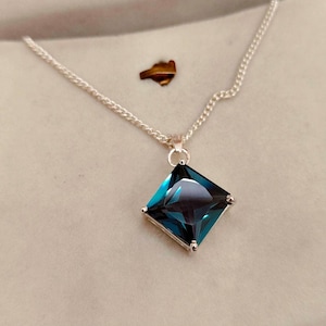 Teal sapphire pendant necklace, 925 sterling silver, square princess cut teal sapphire pendant, lab grown sapphire handmade wedding pendant