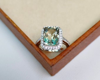 Anillo Halo de amatista verde natural: Anillo de plata de ley con talla cojín, anillo de compromiso de amatista, anillo de amatista verde hecho a mano