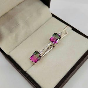 Pendientes de turmalina sandía, pendientes de plata de ley 925, pendientes de cuarzo doble con turmalina sandía, pendientes de turmalina bicolor