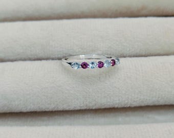 Natural Rhodolite garnet and aquamarine band ring, 925 sterling silver ring, purple garnet aquamarine wedding band ring, Aquamarine garnet