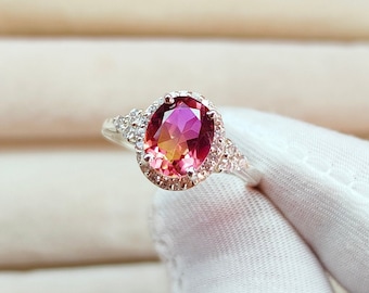 Ametrine ring 925 sterling silver ring, oval cut Ametrine ring, Ametrine doublet quartz ring Ametrine halo ring wedding ring engagement ring