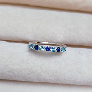 Blue sapphire & Aquamarine wedding band ring,925 Sterling silver ring,Aquamarine blue sapphire half eternity band ring,hand made silver ring