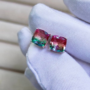 Pendientes de turmalina sandía, pendientes de plata de ley 925, pendientes de cuarzo doble con turmalina, pendientes de boda con turmalina de talla cojín.