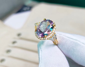Alexandrite Halo Ring: 925 Sterling Silver ring, Color Change Stone ring, Lab grown alexandrite handmade ring, alexandrite engagement ring