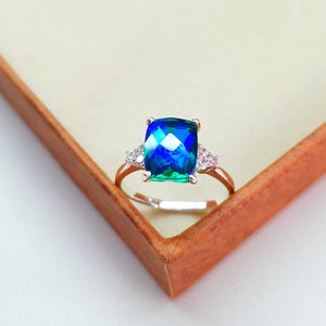 Peacock Quartz Ring, cushion checker board cut peacock quartz ring, 925 sterling silver ring, peacock quartz engagement ring, handmade ring