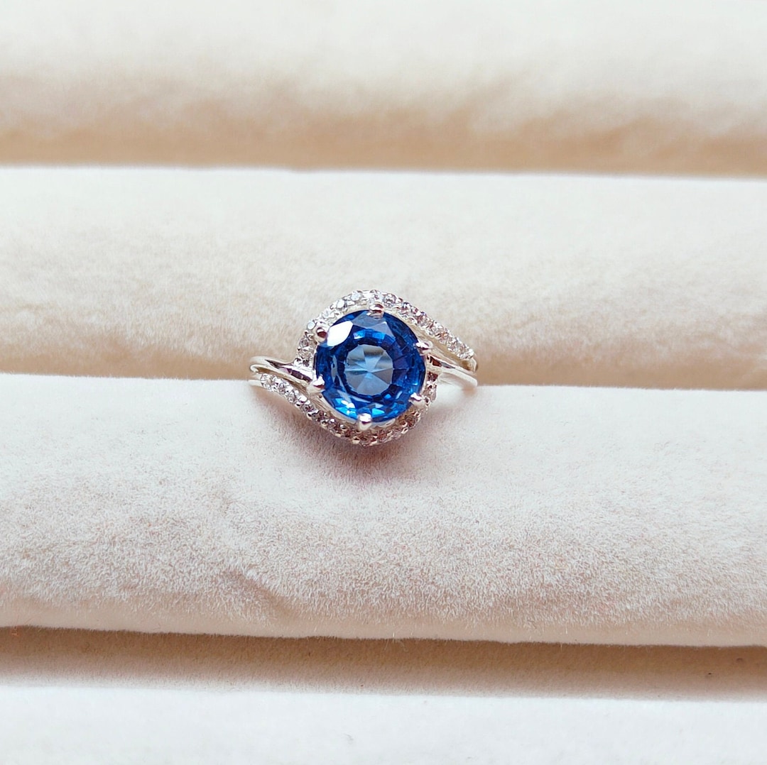 Rectangle Simulated Sapphire Halo Ring – .925 Sterling Silver Band, Sizes 5-10 - View #2