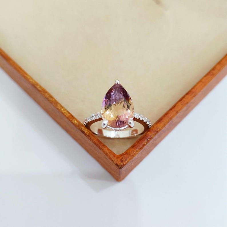 Natural Ametrine Ring: 925 Sterling Silver Engagement Ring, ametrine handmade ring, Bi colour ametrine pear ring image 1