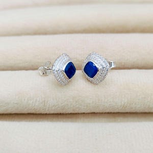 Natural lapis lazuli stud earrings, 925 Sterling silver stud earrings, lapis lazuli wedding stud earrings,lapis lazuli cushion stud earrings