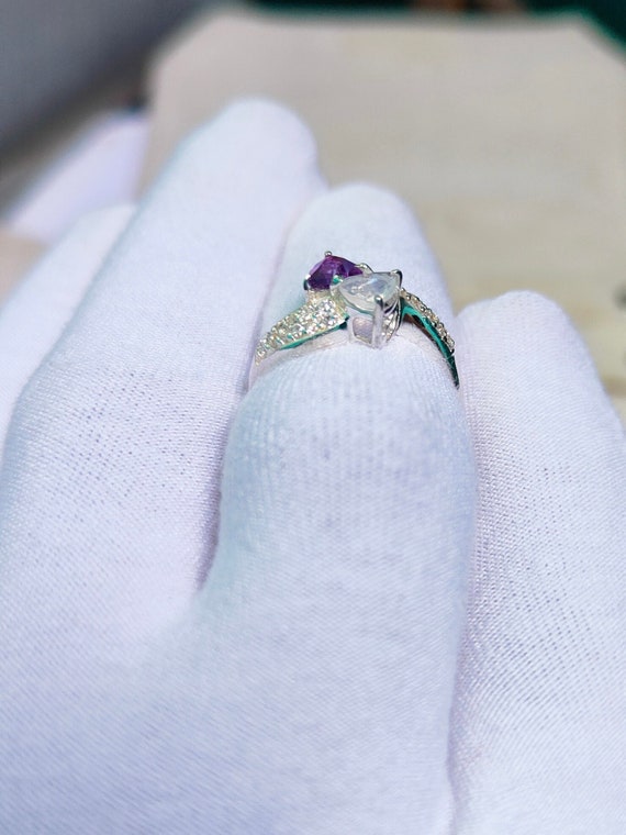 Sterling Silver Rainbow Moonstone and Amethyst Pear ByPass Ring Sterling Silver Rainbow Moonstone and Amethyst Pear ByPass Ring