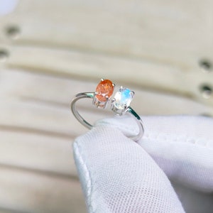 Sunstone Moonstone Ring: 925 Sterling Silver Oval Engagement Ring