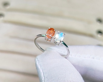 Natural sunstone and moonstone ring, 925 sterling silver ring, sunstone moonstone oval open ring, rainbow moonstone sunstone engagement ring
