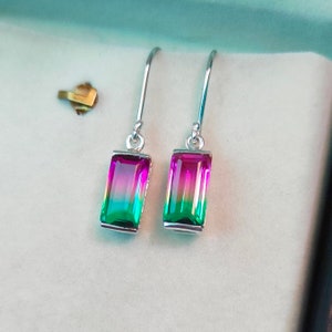 Pendientes de turmalina sandía, plata de ley 925, pendientes de cuarzo doble con turmalina sandía, pendientes de turmalina bicolor hechos a mano.