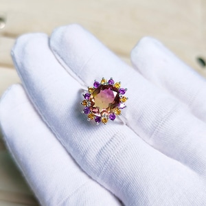 Ametrine citrine and amethyst Halo Ring,925 sterling Silver Ring,oval cut Ametrine quartz Ring,ametrine citrine amethyst Bi color stone ring