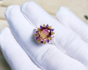 Ametrine citrine and amethyst Halo Ring,925 sterling Silver Ring,oval cut Ametrine quartz Ring,ametrine citrine amethyst Bi color stone ring