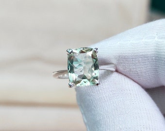 Anillo de amatista verde natural, anillo de plata de ley 925, anillo de amatista verde con corte cojín, anillo de compromiso de amatista, anillo de amatista hecho a mano