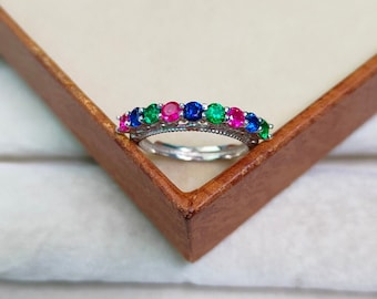 Ruby Emerald Sapphire Band Ring: Sterling Silver Eternity Wedding Band ring, emerald Ruby Sapphire handmade ring