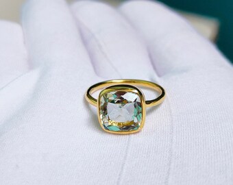 Anillo de amatista verde: Anillo de plata de ley 925 con amatista verde talla cojín, engaste biselado, anillo de amatista verde hecho a mano.