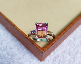 Ametrine citrine and amethyst Ring: 925 Sterling Silver ring, ametrine Citrine Amethyst handmade ring,ametrine citrine amethyst octagon ring