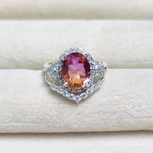 Ametrine Ring with supporting band, 925 sterling Silver Ring, oval cut Ametrine dublate quartz Ring, ametrine halo ring Bi color stone ring