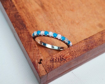 Opaal turkoois en regenboog maansteen band, opaal turkoois en regenboog maansteen eeuwigheid band ring, 925 sterling zilveren trouwring ring