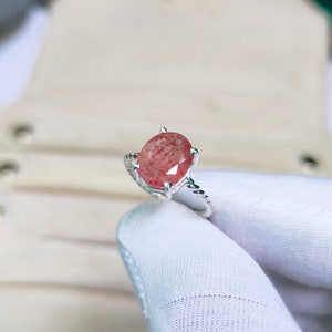 Natuurlijke aardbeikwartsring, 925 sterlingzilveren ring, natuurlijke ovale ring aardbeikwarts, natuurlijke handgemaakte ring aardbeikwarts