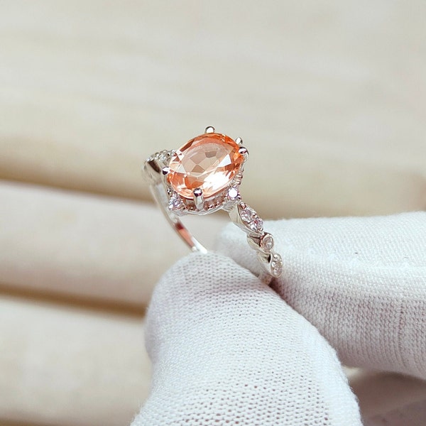 peach sapphire ring,925 Sterling Silver ring,Peach sapphire oval cut ring, Sapphire engagement ring, lab grown peach sapphire hand made ring