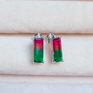 Pendientes de turmalina sandía, pendientes de plata de ley 925, pendientes de cuarzo doble con turmalina sandía, pendientes de boda con turmalina