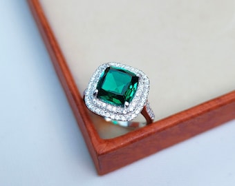 Bague halo émeraude : bague en argent sterling 925, bague de fiançailles émeraude, bague faite main émeraude cultivée en laboratoire, bague coussin émeraude