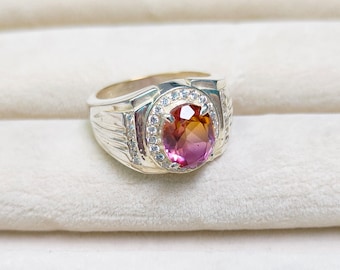 Ametrine Ring,925 sterling Silver Ring,oval cut Ametrine doublete quartz Ring, ametrine halo engagement ring,Ametrine Bi color handmade ring