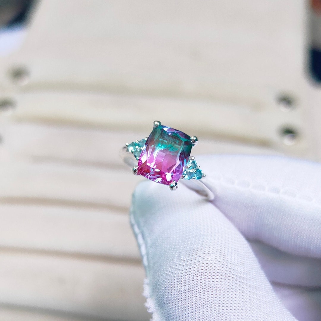Watermelon Tourmaline and Aquamarine Ring, 925 Sterling Silver