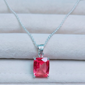 Padparadscha sapphire pendant, sapphire necklace pendant, Cushion sapphire pendant, 925 sterling silver necklace, lab grown sapphire pendant