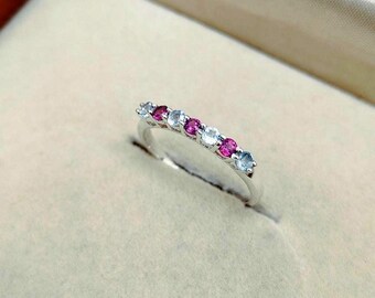 Rhodolite Garnet and Aquamarine Band Ring 925 Sterling Silver band garnet aquamarine wedding band multi stone band natural aquamarine garnet