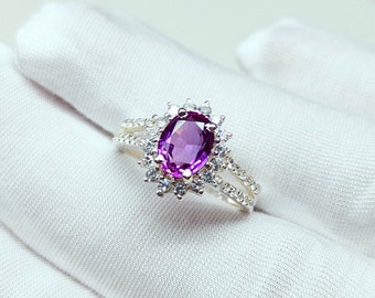 Bague halo en améthyste naturelle, bague en argent sterling 925, bague de fiançailles en améthyste, bague faite main en améthyste violette de coupe ovale