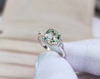 Anillo de amatista verde natural, anillo de plata de ley 925, anillo de amatista verde con corte cojín, anillo de compromiso de amatista, anillo de amatista hecho a mano