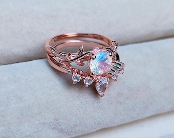 Natural rainbow moonstone ring with bands,925 sterling silver ring,rainbow moonstone wedding band ring, rainbow moonstone hand made ring