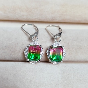 Pendientes de turmalina sandía, plata de ley 925, pendientes de cuarzo doble con turmalina sandía, pendientes de turmalina bicolor hechos a mano.