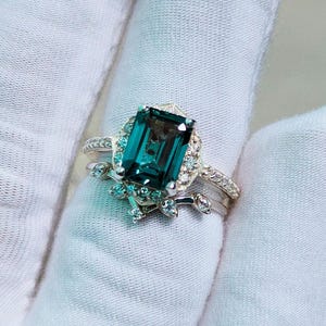 Teal sapphire ring with band, 925 Sterling Silver,octagon cut sapphire ring,Sapphire engagement ring, lab grown Teal sapphire hand made ring