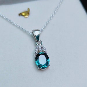Ocean Teal Sapphire Pendant: Oval Lab Grown Gem, Sterling Silver Necklace pendant, Lab grown Sapphire handmade pendant necklace