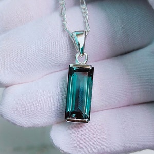 Teal sapphire pendant, teal sapphire necklace, 925 sterling silver necklace, baguette teal sapphire pendant lab grown teal sapphire