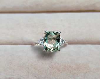 Anillo de amatista verde, anillo de plata de ley 925, anillo de amatista verde talla cojín, anillo de plata con amatista, anillo hecho a mano con amatista verde natural